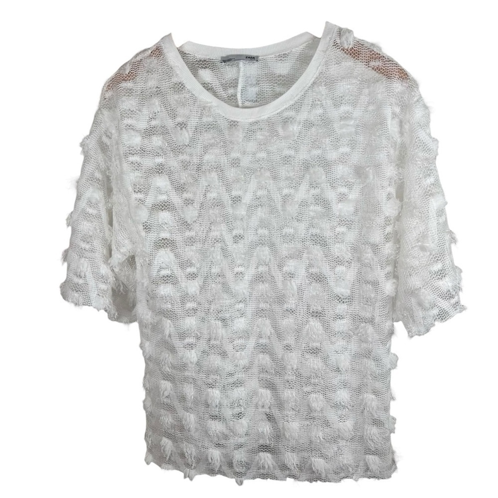 2/$30 Zara Size Small Lace White Top Blouse Fringe Sheer Gauzy